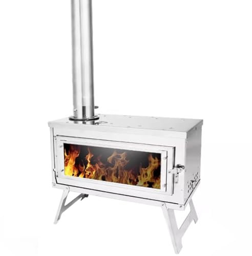 Stufa a legna campeggio, acciaio inossidabile resistente al calore, finestra for la visione fuoco in vetro su un lato, piccola stufa a legna da tavolo con 8 canne fumarie for cucinare e riscaldare
