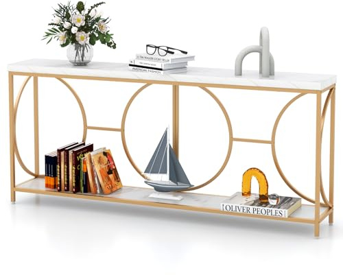 LIFEZEAL Mesa Consola 180cm, Mesa Auxiliar de 2 Niveles, Mesa Estrecha para Entrada, Consola Larga para sofá con Estructura de Metal, recibidor con Estante de almacenaje para Pasillo, salón (Blanco)