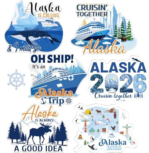 Wxiben Alaska Cruise Door Magnets - 6PCS 2026 Alaska Cruise Door Decorations Magnetic Alaskan Trip Cruise Ship Door Decorations Magnet Stickers Decals for Carnival Stateroom Cabin Party Decor