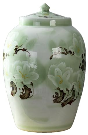ZBJDX Rice Airtight Storage Container, Large Ceramic Rice Bucket, Light Green Chinese Rice Jar, Grain Dispenser for Rice, Soybeans, Corn, Flour, Oatmeal,small