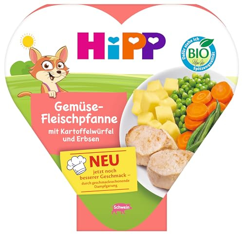 HiPP Bio Gemüse-Fleischpfanne mit Kartoffelwürfeln und Erbsen (6 x 250g), Menü ab 1 Jahr, schonend dampfgegart, vegetarisch, kindgerecht gewürzt, in Bio-Qualität
