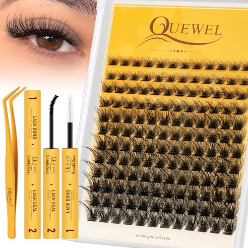 QUEWEL Wimpern Extensions Set 144Pcs Einzelne Wimpern gemischte Längen 8–16 mm, Cluster Lashes mit Wimpernkleber und Wimpernpinzette, natürlicher Look einfaches Selbermachen zu Hause (Mega KIT)
