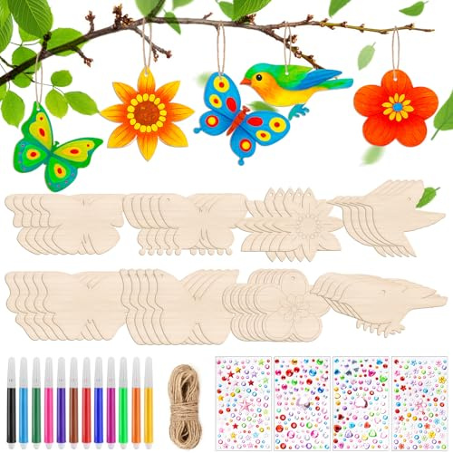 Muyohix 40 Stück Bastelsets für Kinder, DIY Holz Basteln Kind mit Schmetterling, Blume &Vogel, Frühling Kinder mit Aquarellstift & Edelsteinaufkleber Deko Schnur, Basteln Kindergeburtstag
