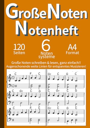 Große Notenlinien Notenheft - Doppelseite für Musiker (A4): Notenheft mit Doppel- und Einzelnotensystem - Ideal für Erwachsene, Senioren & Sehschwache ... (Schlüssel & Linien: Notenhefte, Band 9)