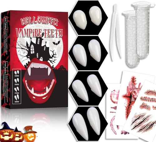 10 Piece Vampire Teeth Set,4 Sizes Vampire Fangs,Fake Fangs Vampire Teeth Adult with 2 Tube Teeth Pellets Adhesive,for Cosplay Party Props Halloween Horror Party Fangs. (Cremeweiß-25A)