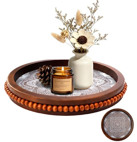WATUNID Plateau de service rond en bois, plateau décoratif rustique pour table basse, petit plateau à perles, plateau ottoman, assiette à bougies, centre de table pour salon, cuisine, comptoir
