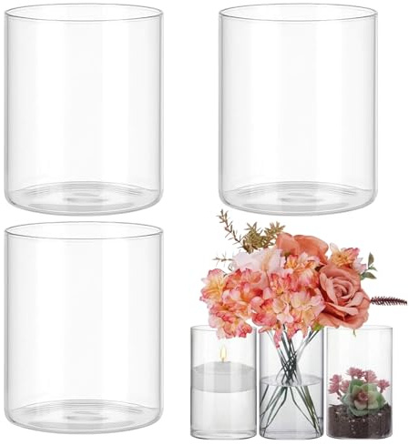 3 jarrones de cristal – 8,5 x 15 cm tarros para velas, cilindros cilíndricos de borosilicato, para velas, jarrones pequeños, jarrones de cristal transparente, cilindro para flores, velas, piedras y