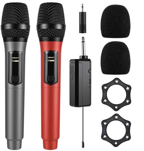 FerBuee Micrófono Inalámbrico Dual Profesional Sistema de Micrófono con Receptor Recargable, para Amplificador, Sistema PA, Karaoke, Reunión, Parte, Boda (Gris & Rojo)