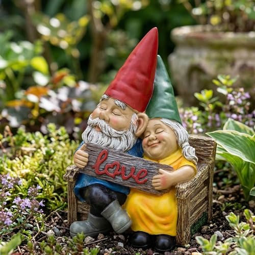 Zwergen Paar Gartenfigur liebevolles Gnom Paar auf Bank „Love“, Gartenzwerge Figur für Außen Wetterfeste Dekoration für Garten, Hof, Rasen,Terrasse & Balkon Romantische Skulptur Frauen Geschenk