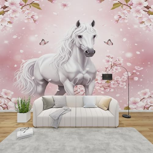 AevuCub Tapete Pferde Mädchen, Fototapete Rosa Kirschblüte Schmetterlinge Schlafzimmer, Tapeten Vliestapete Pferd Wohnzimmer, Wandtapete Kinderzimmer Pferdemotiv Wanddeko, 200 x 140 cm (B x H)