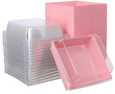 CHIHEUNG 50PCS Cake Slice Boxes, Pink Bento Dessert Box with Clear Lids, Charcuterie Boxes for Desserts, Macaron and Sandwich Cookies Takeaway, 13.5x12.5x6.5 cm