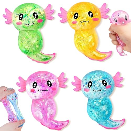Axolotl Squishy, 4 Stück Glitter Squishy Stressbälle Antistressball Kinder Erwachsene, Anti Stress Bälle Axolotl Squeeze Toy für ADHD Autismus Geburtstag Klassenzimmer Geschenke.