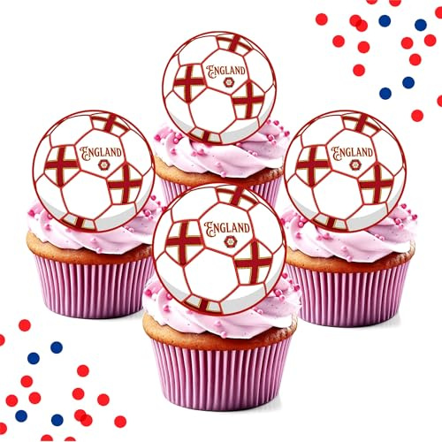 PRECUT England Football - Edible Wafer Cupcake Toppers - Pre Cut World Cup 2026 Euros Soccer Fan Cake Topper Decorations - Perfect for Cupcakes, Cookies, Brownies, Muffins & More! (35 Toppers (3.2cm))