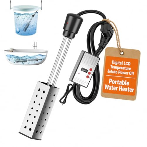Submersible Water Heater with Digital Display & Auto Power Off, Portable Electric Immersion Heater, Stainless Steel Safety Guard for Home Bath Pool Outdoor