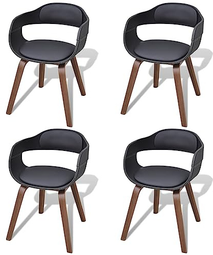 QJBSAVVA Lot de 4 Chaises de Salle à Manger avec Accoudoirs, Fauteuils de Table Design en Bois de Noyer Courbé et Similicuir Noir, Siège Ergonomique pour Salon et Cuisine, 49x51x70 cm