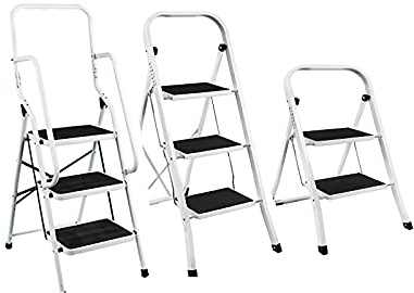 Escalera de acero de 3 niveles, pedal ancho, plegable de 3 niveles, escalera de acero ligera y portátil, con peldaños antideslizantes, pasamanos de seguridad, capacidad máxima de 150 kg para bricolaje