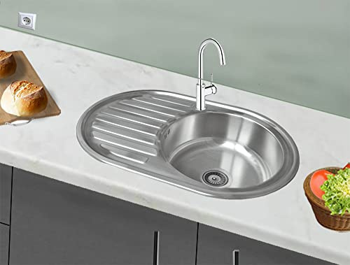Omeere Fregadero de cocina de acero inoxidable 304 de 0,8 mm,Fregadero empotrado 1 seno 77 x 50 x 18cm,pequeña redondo (Escurridor a la izquierda)