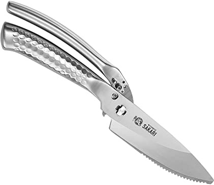 MITSUMOTO SAKARI Japanese Kitchen Scissors Heavy Duty, Silver Alloy Steel Poultry Shears with Non-Slip Handle, Multipurpose Detachable for Chicken, Fish, Meat & Vegetables