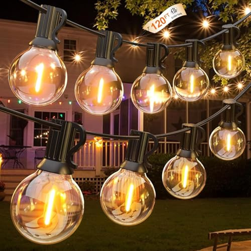 GLUROO 120FT Outdoor String Lights, G40 LED Patio Lights with 64pcs Bulbs, Waterproof Shatterproof Dimmable Globe Hanging Outdoor Cafe Bistro Porch Outside Light, 2Packs * 60ft