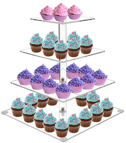ONEINHE Supporto quadrato per cupcake con 4 ripiani, in acrilico, per cupcake, torre, dessert, dolci, espositore per matrimonio, festa, compleanno