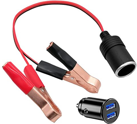 Hoembpn Batería del Coche Pinza Cocodrilo al Adaptador de Encendedor de Cigarrillos 30cm Cable 18AWG,12V/24V Mini Doble USB Cargador de Coche Enchufe de Mechero Carga Rápida