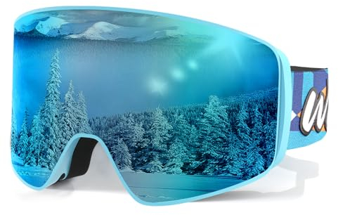 Whale Ski Goggles OTG Anti-Fog Frameless Snow/Snowboard Goggles Mirror lens for Men, Women & Youth - 100% UV Protection (Blue frame blue lens-S2-25%)