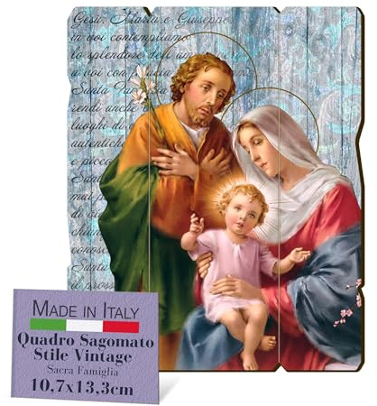 Brothers Bonella | Formad träbild i vintagestil av den heliga familjen f.to 10,7 x 13,3 cm | Tillverkad i Italien