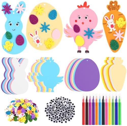 JULBEAR Easter Foam Crafts for Kids, 260 Pcs Stickers Egg Rabbit Carrot Chick Arts and Crafts Kits, DIY Stickers Set for Kids Party Favors Supplies