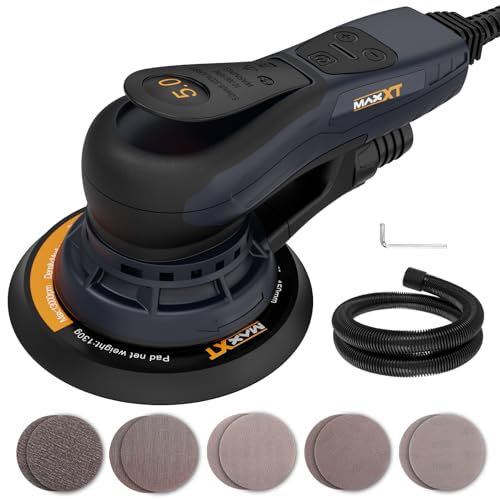 MAXXT Ponceuse Orbitale Excentrique Sans Balais 5,0 mm avec Variateur de Vitesse - Inclus 10 Disques de Ponçage de 150 mm - Idéale pour le Travail du Bois