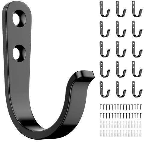 jockcaras Black Wall Hooks for Bathroom, Kitchen, Closet, and Garage - 15 Pack Metal Hooks for Hanging Coats, Towels, Hats, Keys, Bags, and Coffee Cups - Holds Up to 40 lbs