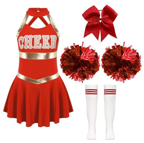 Cheerleader Kostüm Damen Kinder Mädchen Cheerleading Kostüme Ärmelloses Kleid Hand Blumen Gestreifte Socken Tanzbekleidung Sets Schulmädchen Cheer Dance Anzüge Cheerleader Kostüm für Frauen(B Red,10)