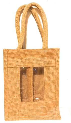 Jute Geschenktasche für 2 Flaschen, Naturfarben, mit Sichtfenster, 2 Fächer