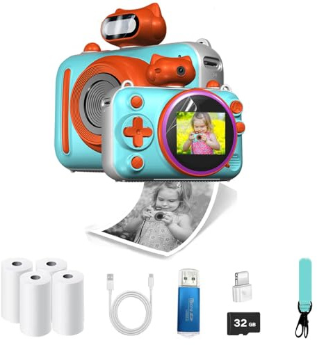 Fotocamera per bambini, stampa istantanea, fotocamera HD 1080P 32G da 2 pollici per bambini con pellicola, miglior regalo di compleanno di Natale per ragazzi e ragazze dai 3 ai 12 anni, giocattolo