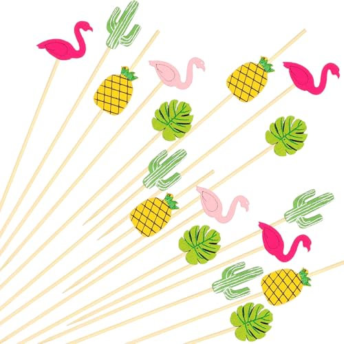 Cocktailspieße Flamingo, 100pcs Cocktail deko Hawaii, holzspiesse fingerfood, fruchtspieße, obstspieße, Zahnstocher Hawaii, Geeignet für Partydekorationen im Sommer, Hawaii, Strand, Geburtstag(B)