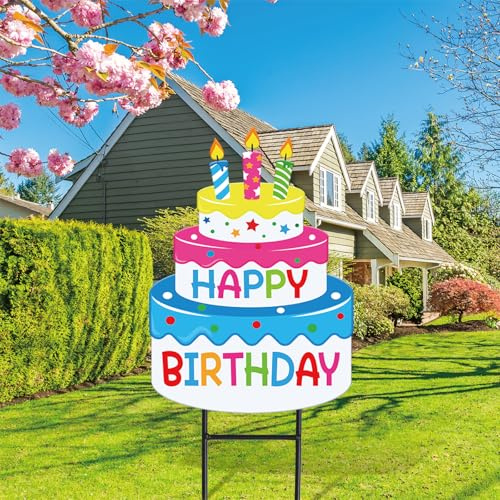 JarThenaAMCS Happy Birthday Metal Garden Stakes Birthday Cake Shaped Decorative Lawn Sign Cute Welcome Yard Sign for Home Outside Lawn Porch Walkway Decor