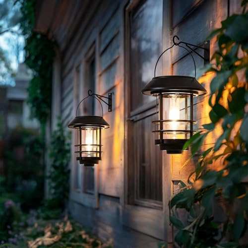 Otdair Solar Lanterns Outdoor Waterproof 2 Pack, Auto On/Off Hanging Solar Lights for Outside with Wall Mount, Glass Outdoor Lighting Outdoor Decorative for Wall, Front Porch, Yard, Garden, Fence