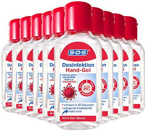 SOS Desinfektion Hand-Gel, 10 x 50 ml Flasche, Handdesinfektion gegen 99,99% der Bakterien, Pilze und Viren* in 30 Sekunden ohne Verkleben, Desinfektionsmittel für unterwegs