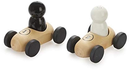 Balvi Set sel & Poivre Bolides Set sel et Poivre avec Une Base en Bois en Forme de Voitures de Course