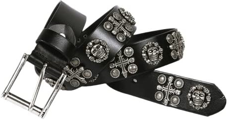 Damen und Herren Gürtel mit Totenkopf und Kreuz Nietengürtel Jeansgürtel Bandgürtel Ledergürtel Punk Echt Leder Belt für Jeans Hosen Freizeitkleidung,Schwarz,125cm(42~44)