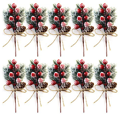 EESLL Künstliche Tannenzweige mit Tannenzapfen, rote Beere, 10 Stück, künstliche rote Beerenstiele, künstliche Tannenzapfen, rote Beeren-Picks für Weihnachtsbaum, DIY Handwerk (15,2 cm, rot)