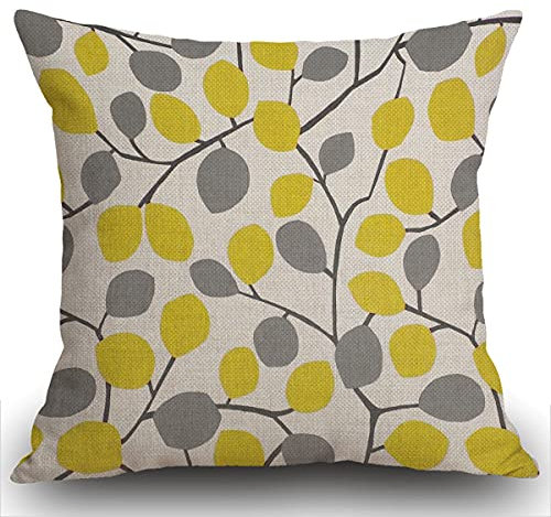 Smooffly Cushion Covers 45 x 45 cm, Yellow and Grey Leaves Pillow cover Cotton and Linen Pillow case Cushion Cover for Sofa outdoor garden bed couch cushion