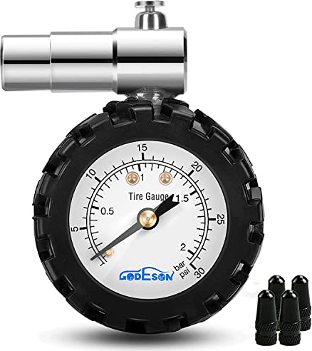 GODESON Medidor de presión de neumáticos de bicicleta de montaña, medidor de presión de neumáticos de válvula Presta con rango de alivio de presión de aire de bicicleta a 0-30 PSI/0-2 BAR