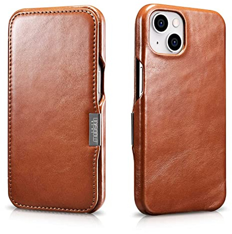 Mobiskin Hülle für iPhone 13 (6,1 Zoll), Case mit Leder, Braun Vintage | Handyhülle mit echtem Leder, Schutzhülle, dünne Handy-Tasche, slim Cover, Klapphülle, Etui seitlich aufklappbar