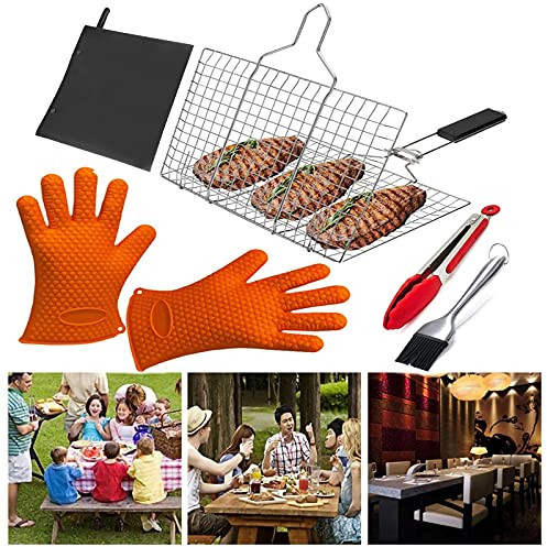 WMLBK Faltbarer BBQ Grillkorb,Tragbares Grillkorb Fischbräter Gemüsekorb Grillrost Grill Basket mit Silikonhandschuhen,Edelstahl Grillnetz für Fisch Gemüse Garnelen