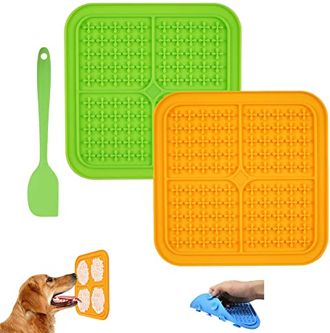 Koomiao Leckmatte Hund 2er Pack Hundeleckmatte mit Silikon Spatel Leckmatte Langsamfütterer mit Super Starke Saugkraft für Hundebaden, Trainieren, Fellpflege & Krallenpflege (Grün+Orange)