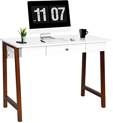 COSTWAY Schreibtisch mit Schublade, Kleiner Computertisch Schminktisch aus Holz, Bürotisch für Büro Arbeitszimmer, weiß/braun, 106 x 50 x 75 cm