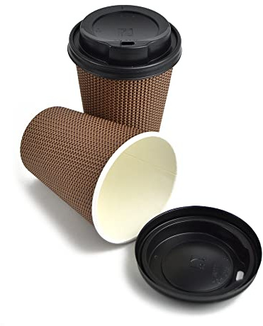 Lot de 100 verres en carton marron avec motif quadrillage de 420 ml (12 oz), dimensions H 11 cm x 8,5 diamètre + couvercle noir avec bec