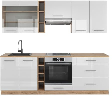 Vicco Küchenzeile Fame-Line, Weiß Hochglanz/Goldkraft Eiche, 235 cm | 9 Module · Höhenverstellbare Füße · Ohne Arbeitsplatte · MDF-Fronten · Softclose · Metallgriffe