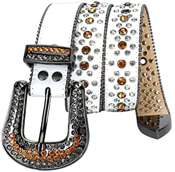 YOPADO Herren Damen Nieten Gürtel Mit Strass Western Cowboy Cowgirl Glitzernder Nietengürtel Diamantgürtel Glänzend Gelb Kristalle Intarsien Design Lederriemen(100cm/waist:33, White)