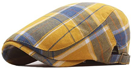 QI YUAN Karierte Barett Cap Herren Damen Baumwolle Flatcap Schiebermütze Frühling/Sommer Newsboy Schirmmütze Irish mütze (Gelb)